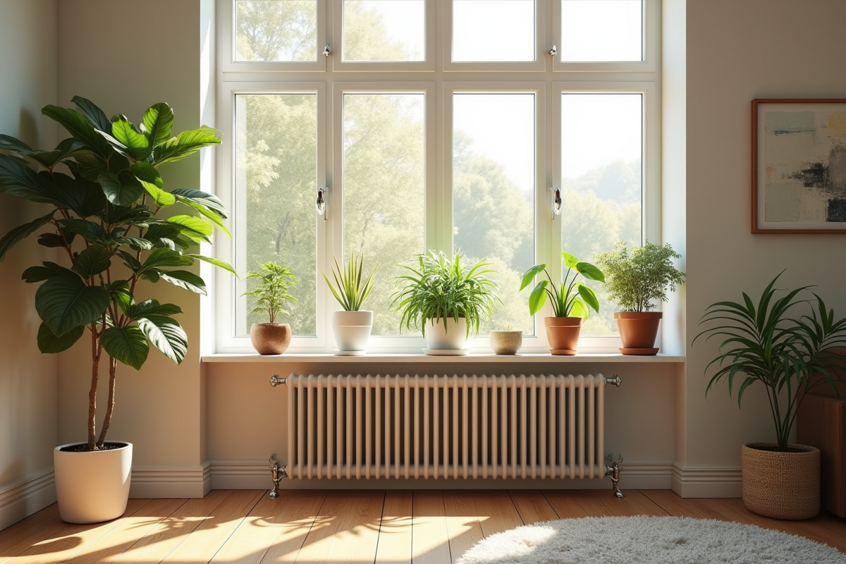 Salon moderne avec radiateur energie et plantes vertes