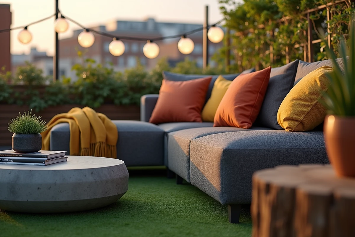 Coin salon extérieur sur un rooftop avec canapé d'angle imperméable, table basse en béton, plantes succulentes et guirlande lumineuse