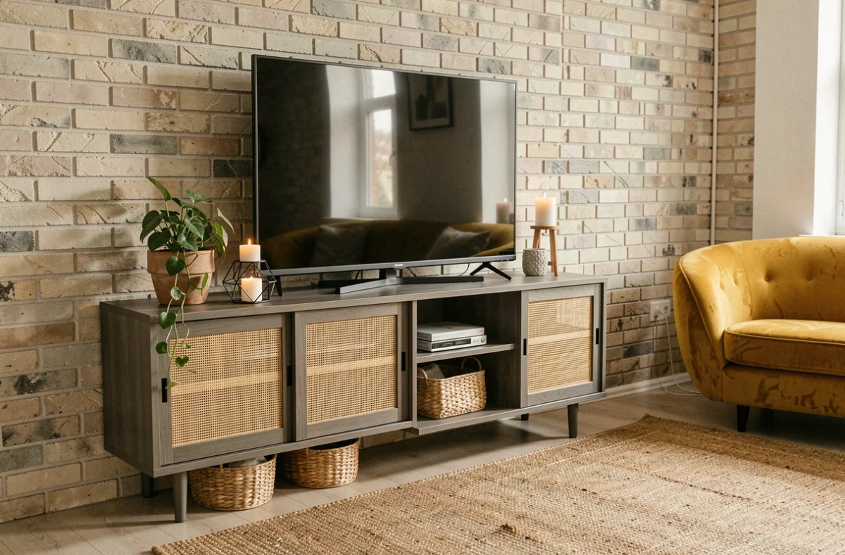Salon hygge avec meuble TV d'angle scandinave en frêne fumé et portes cannage dans une décoration cosy