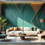 Salon moderne avec murale geometrique en teal et or