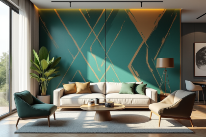 Salon moderne avec murale geometrique en teal et or