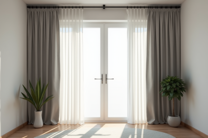 Salon moderne avec deux rideaux élégants et lumière naturelle