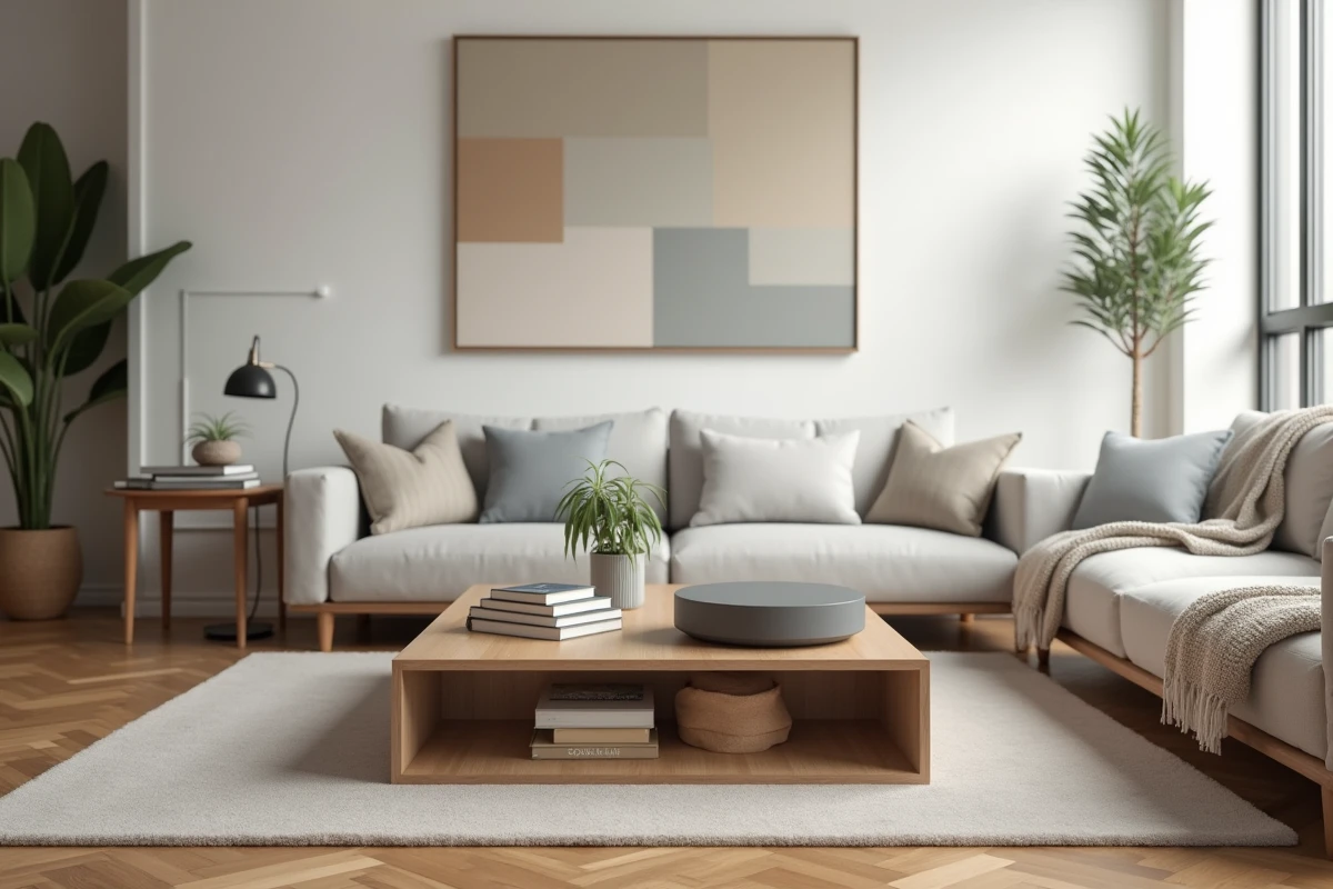 Salon scandinave épuré avec un assistant domotique posé sur une table basse en bois de teck