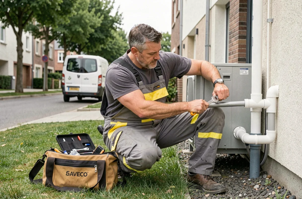 Technicien SAVECO fixant un tuyau de réfrigérant sur une pompe à chaleur extérieure résidentielle