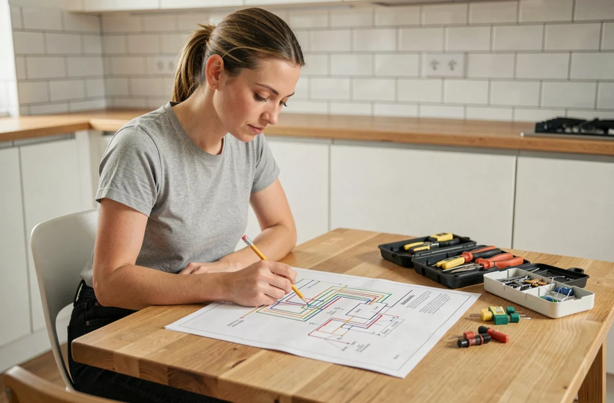 Femme étudiant un schéma de branchement va-et-vient posé sur une table en bois avec des outils électriques et composants à proximité