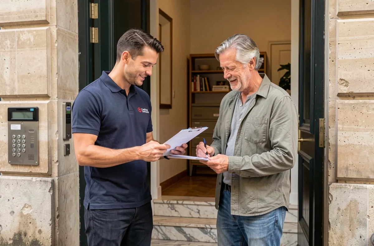 Serrurier agréé remettant une facture à un propriétaire satisfait devant la porte de son appartement parisien