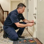 Serrurier professionnel en uniforme travaillant sur une serrure de porte parisienne dans un couloir haussmannien