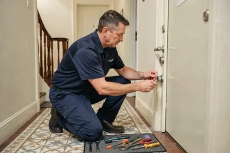 Serrurier professionnel en uniforme travaillant sur une serrure de porte parisienne dans un couloir haussmannien