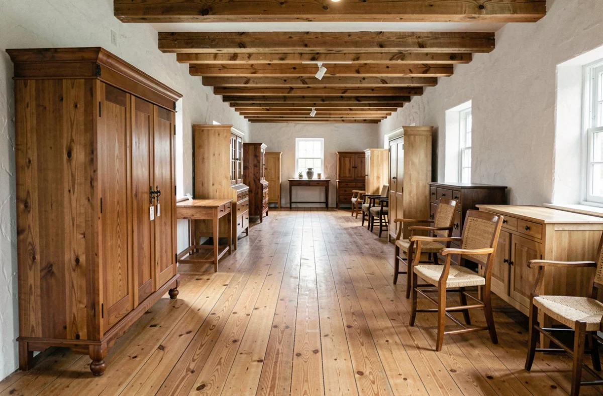 Salle d'exposition de meubles québécois patrimoniaux avec armoires et chaises artisanales sur plancher de pin large dans un bâtiment historique