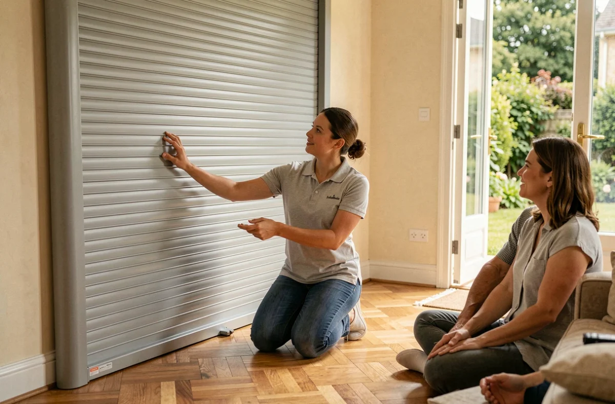 Conseillère Solabaie expliquant un volet roulant installé dans un pavillon d'Orléans lors d'une visite client