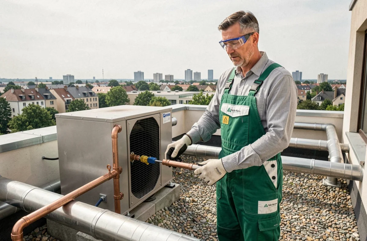 Technicien Solaris Entreprise branchant une pompe à chaleur sur un toit commercial dans le 94