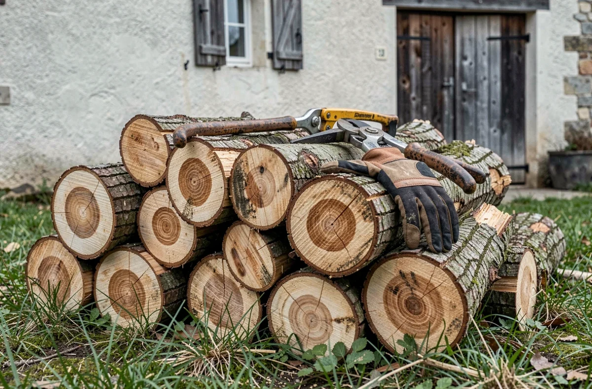 Souches et rondins fraîchement coupés après un abattage d'arbre sur une propriété rurale française