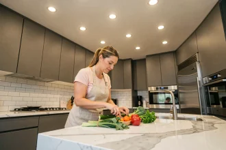 Cuisine moderne avec spots encastrables au plafond éclairant un plan de travail en marbre blanc, femme préparant des légumes frais