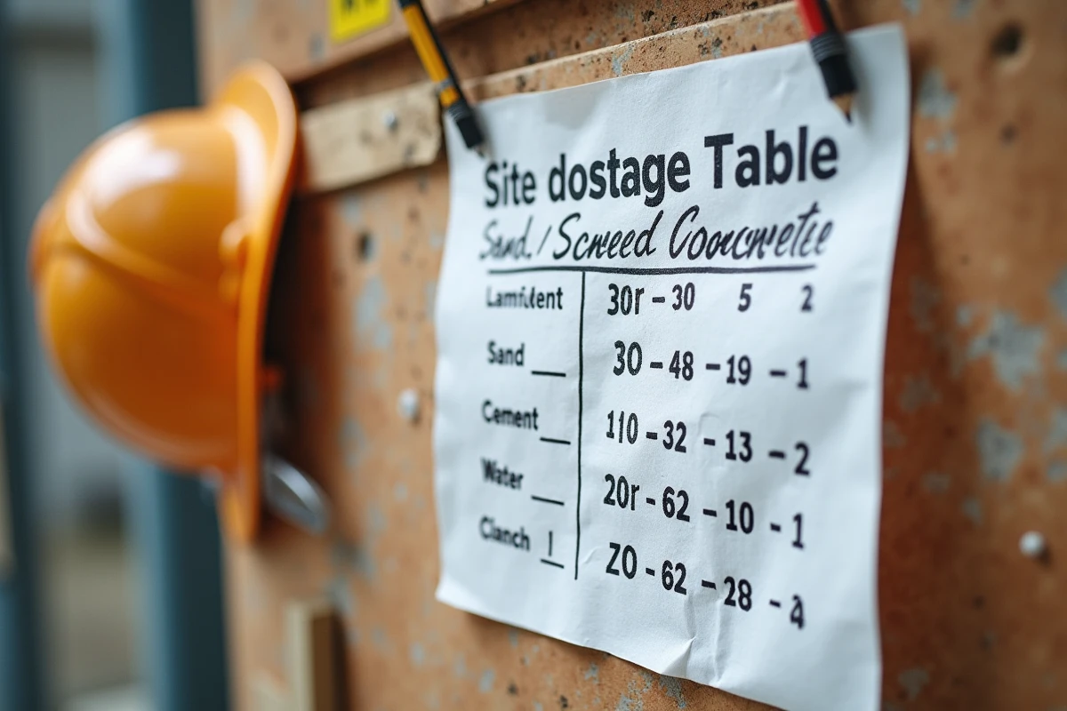 Tableau de dosage chape maigre annoté au crayon affiché sur un panneau de chantier en bois