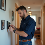 Technicien installant un panneau d'alarme dans un appartement