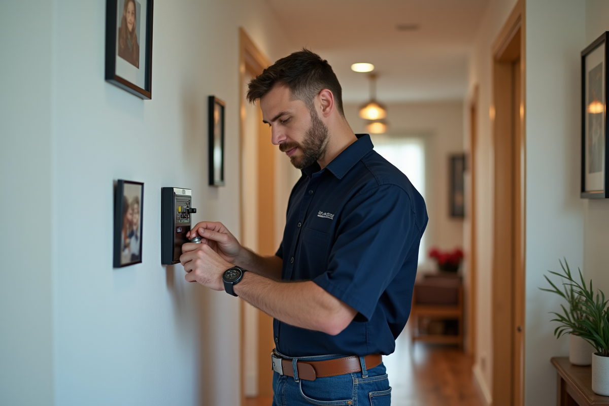 Technicien installant un panneau d'alarme dans un appartement
