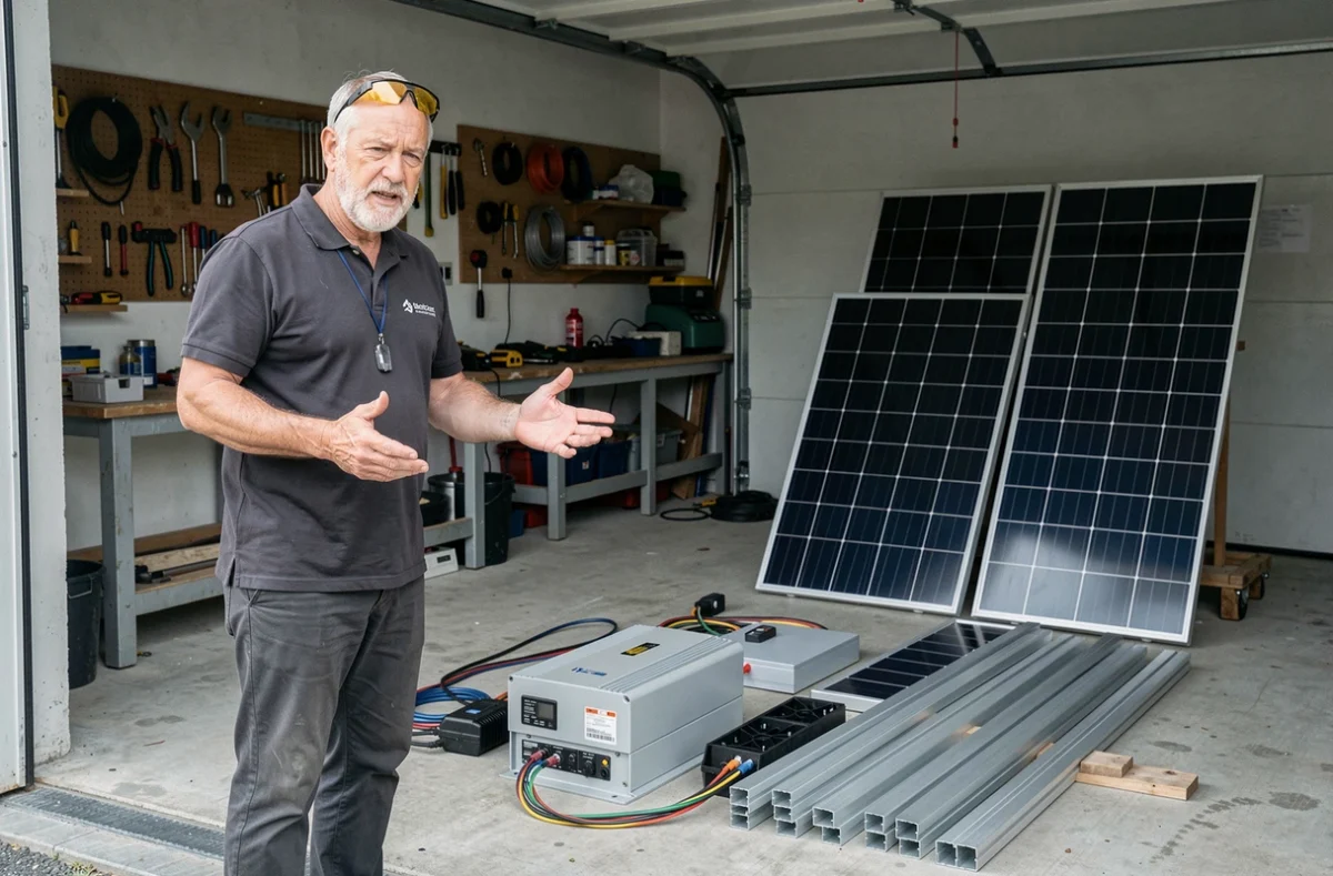 Technicien présentant les composants d'un kit solaire complet en autoconsommation dans un garage