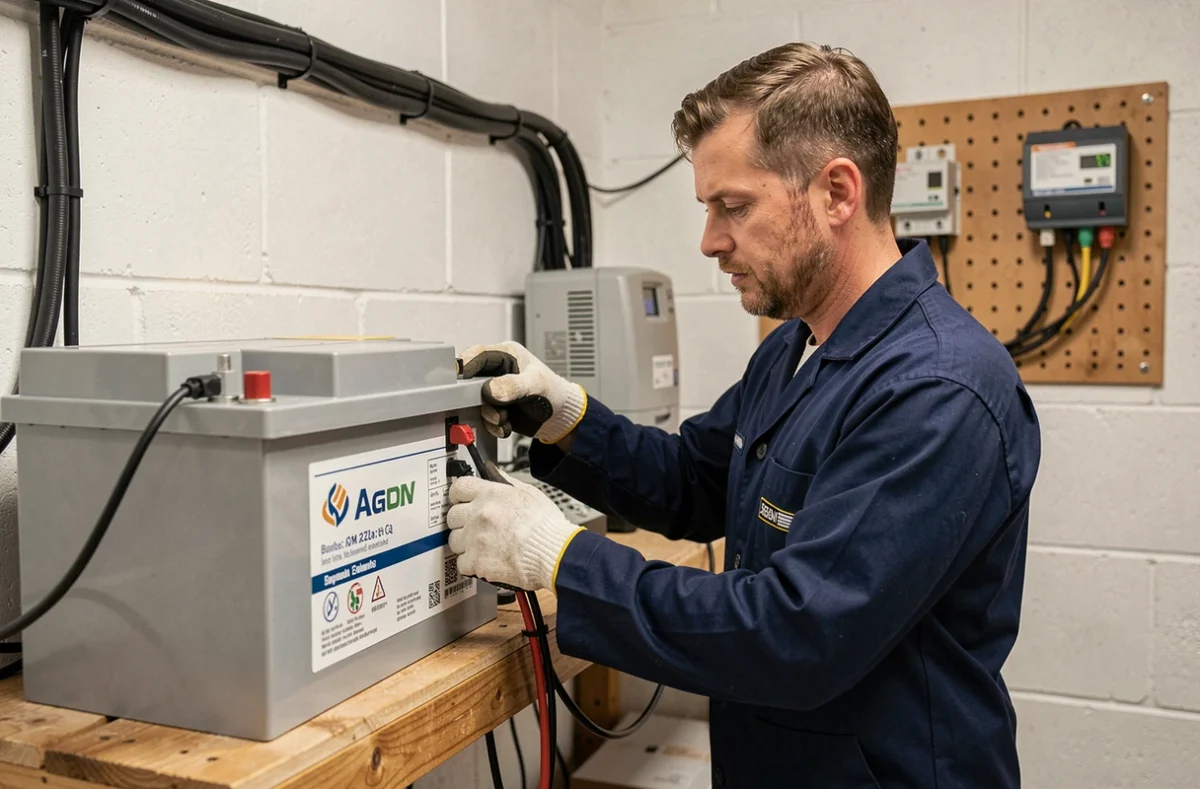 Technicien connectant une batterie à un panneau solaire 300W dans une salle technique