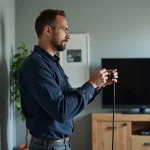 Technicien connectant un câble coaxial à une prise TV murale dans un salon moderne