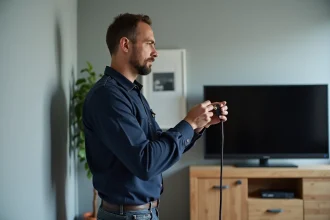 Technicien connectant un câble coaxial à une prise TV murale dans un salon moderne