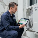 Technicien HVAC diagnostiquant un code erreur sur une pompe à chaleur air-air Hitachi murale en extérieur
