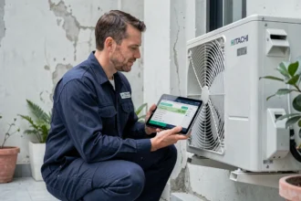 Technicien HVAC diagnostiquant un code erreur sur une pompe à chaleur air-air Hitachi murale en extérieur
