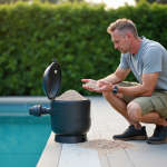 Homme d'âge moyen inspectant un filtre de piscine extérieur