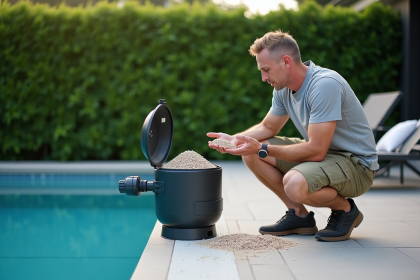 Homme d'âge moyen inspectant un filtre de piscine extérieur