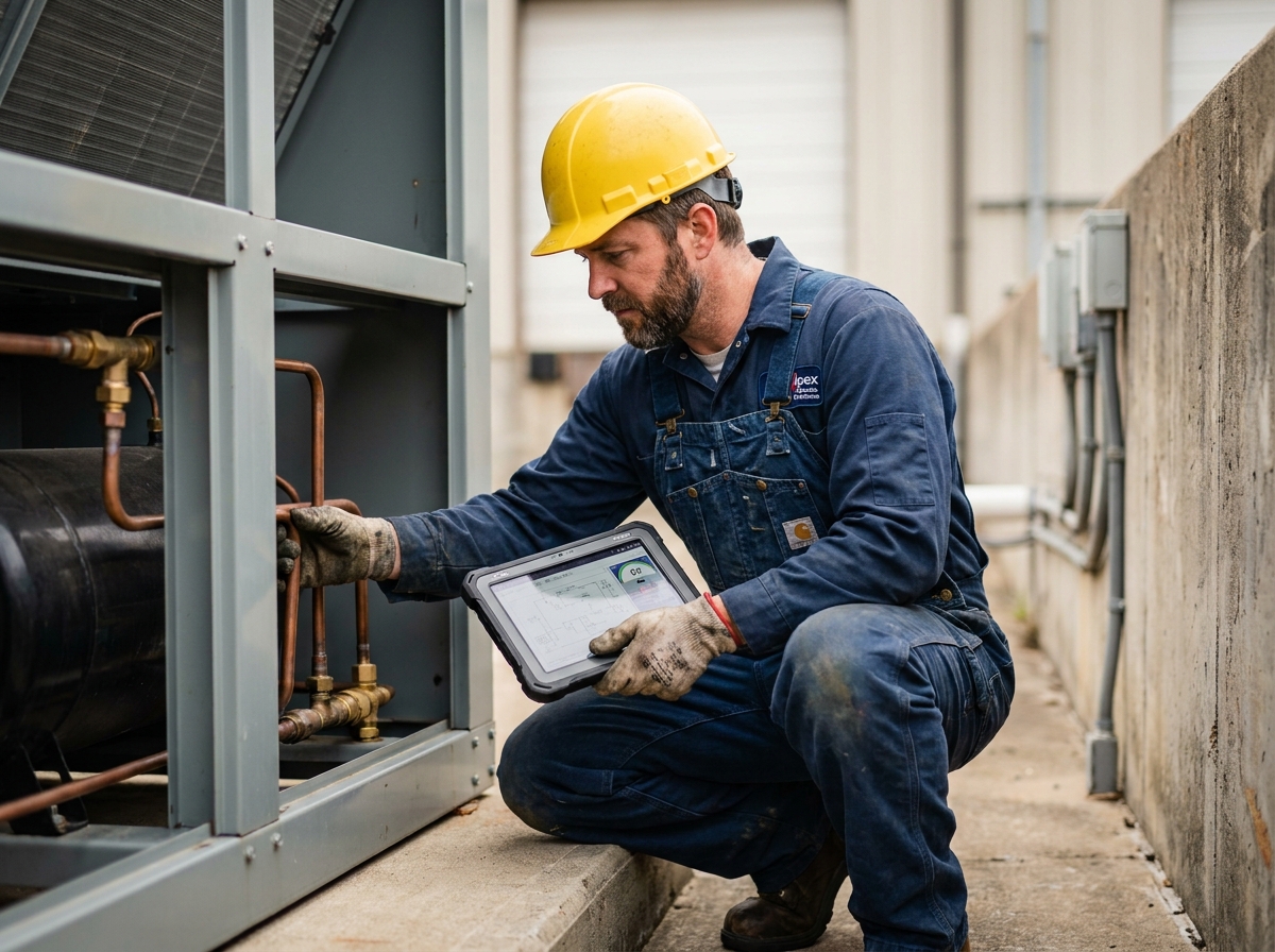 Technicien HVAC inspectant les connexions d'un dry cooler compact avec une tablette de spécifications techniques