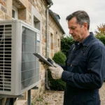 Technicien en train d'inspecter une pompe à chaleur air-eau installée sur une maison en pierre à Angers
