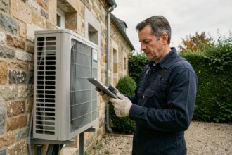 Technicien en train d'inspecter une pompe à chaleur air-eau installée sur une maison en pierre à Angers