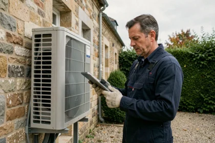 Technicien en train d'inspecter une pompe à chaleur air-eau installée sur une maison en pierre à Angers
