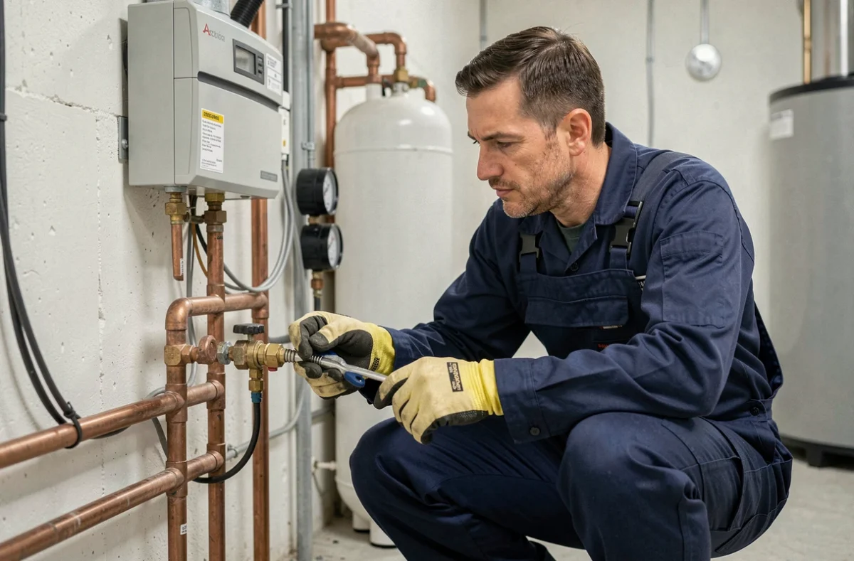 Technicien CVC inspectant les raccordements de la pompe à chaleur Daikin dans un local technique résidentiel