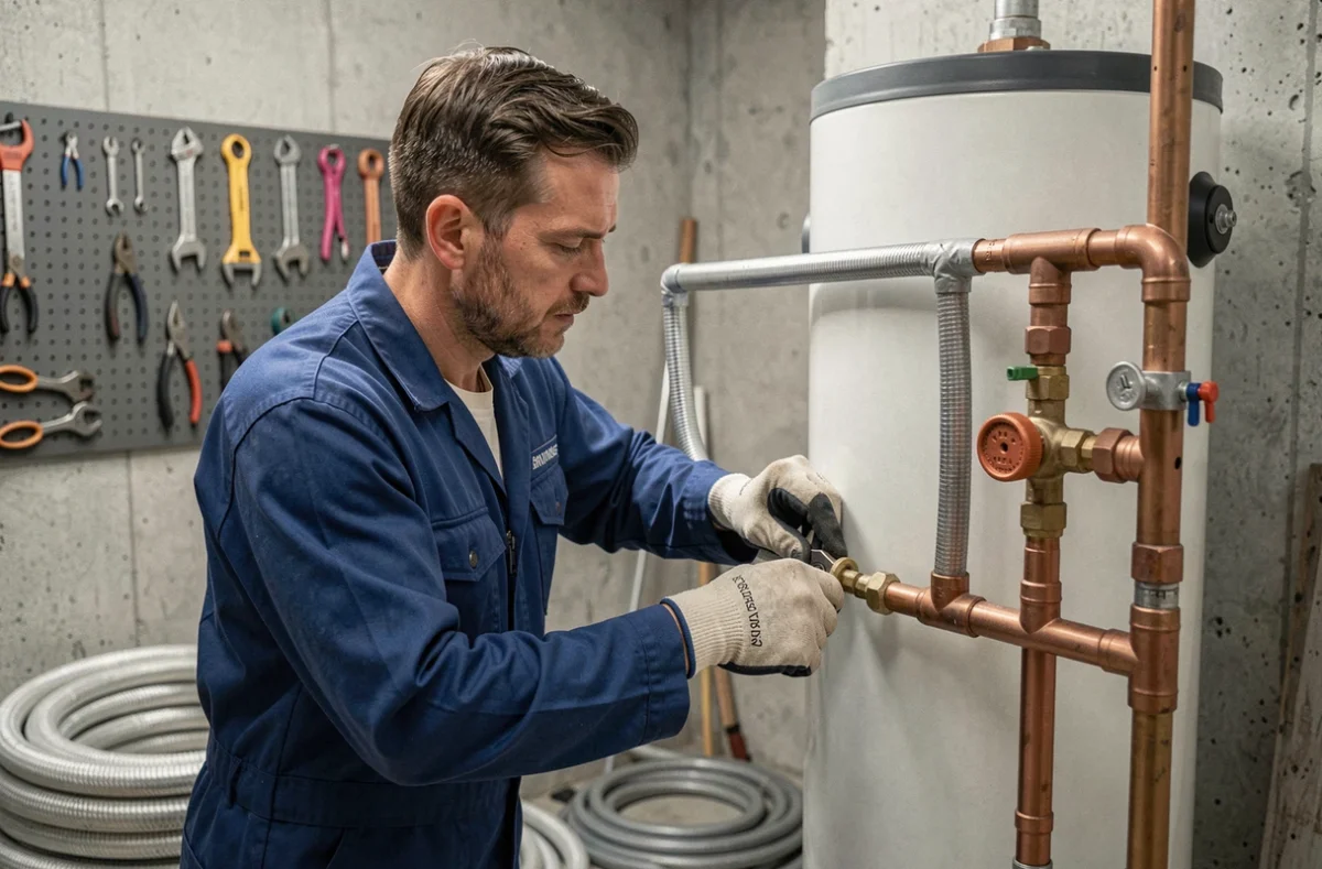 Technicien installant un chauffe-eau solaire dans une chaufferie résidentielle