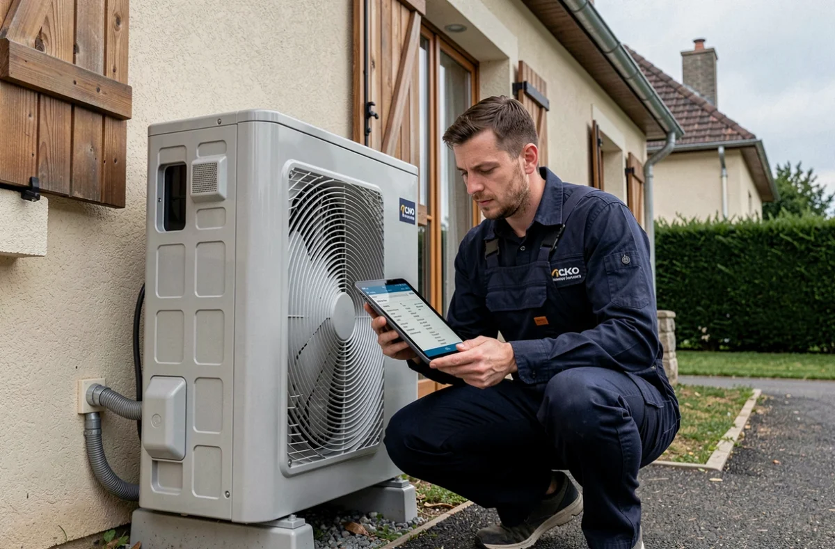 Technicien inspectant une pompe à chaleur air-eau installée sur une maison individuelle