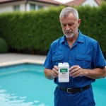 Technicien de piscine homme en uniforme bleu près d'une piscine privée