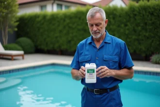 Technicien de piscine homme en uniforme bleu près d'une piscine privée