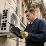 Technicien installant une pompe à chaleur sur la façade d'un immeuble haussmannien ancien à Paris