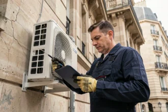 Technicien installant une pompe à chaleur sur la façade d'un immeuble haussmannien ancien à Paris