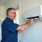 Homme en bleu montrant une VMC dans un salon moderne
