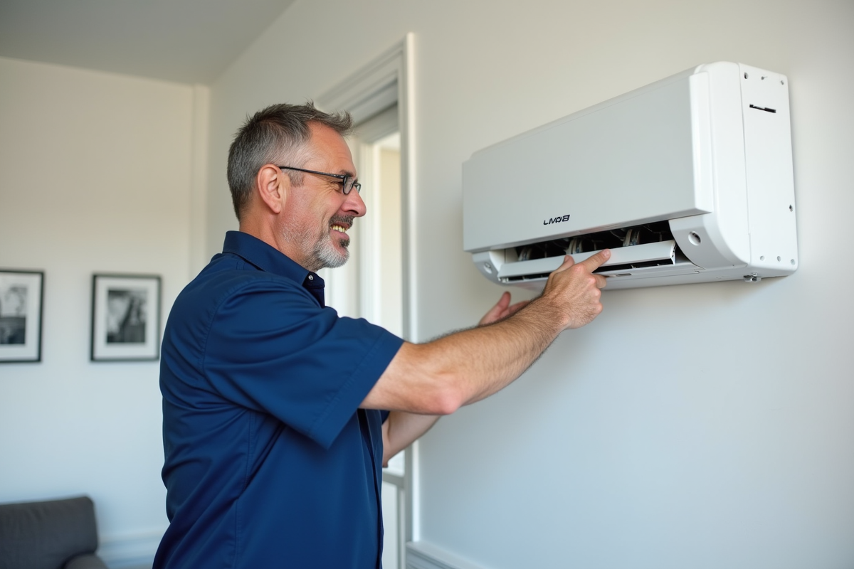 Homme en bleu montrant une VMC dans un salon moderne
