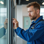 Technicien inspectant une fenêtre moderne en showroom lumineux