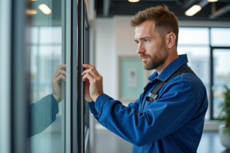 Technicien inspectant une fenêtre moderne en showroom lumineux