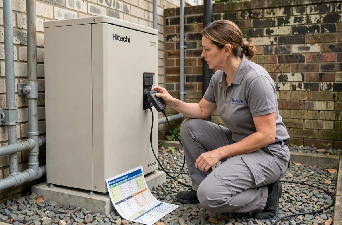 Technicienne spécialisée en train de relever un code erreur sur une pompe à chaleur air-eau Hitachi installée en extérieur