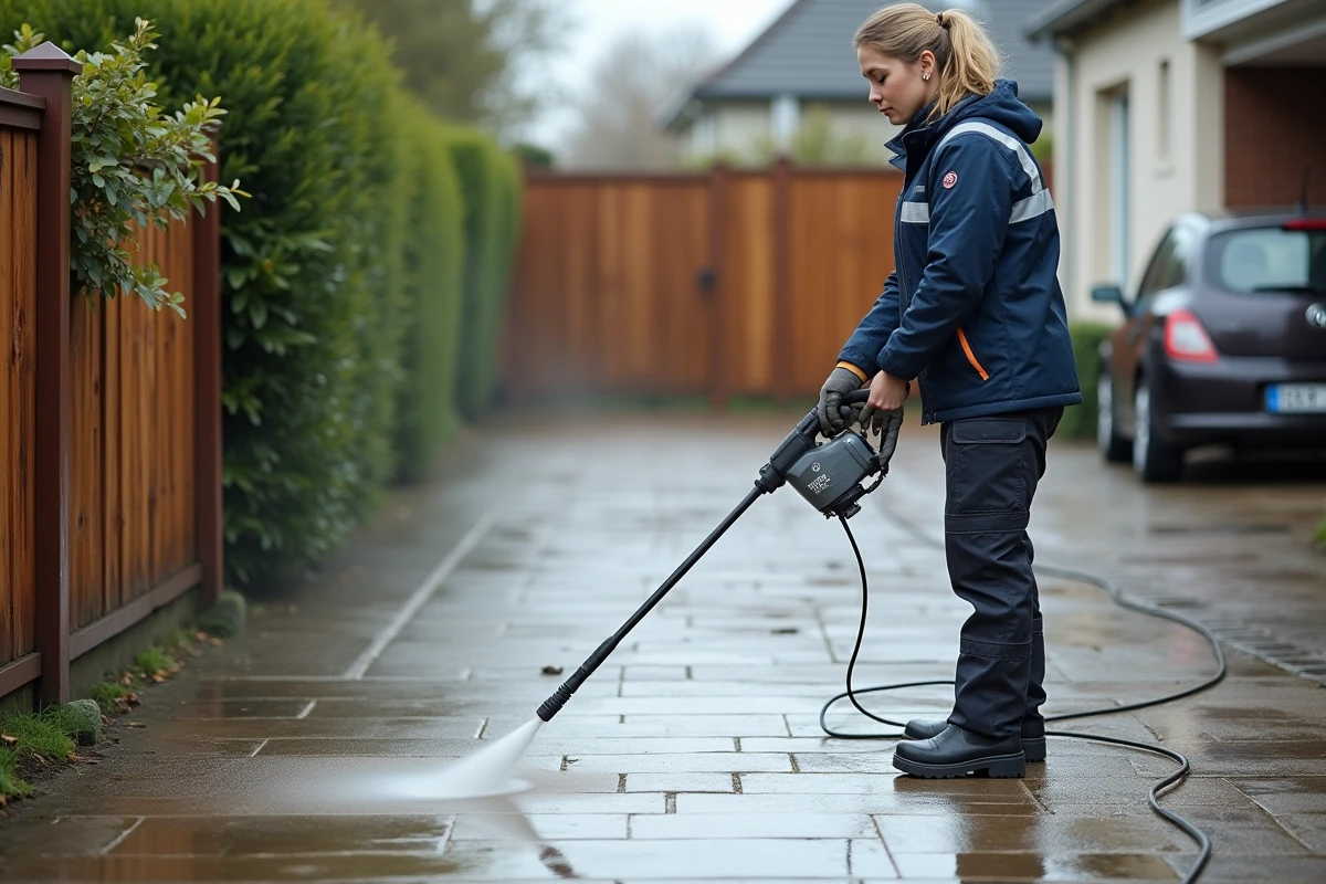 Technicienne professionnelle nettoyant une allée en béton avec un nettoyeur haute pression, entretien sol extérieur résidentiel