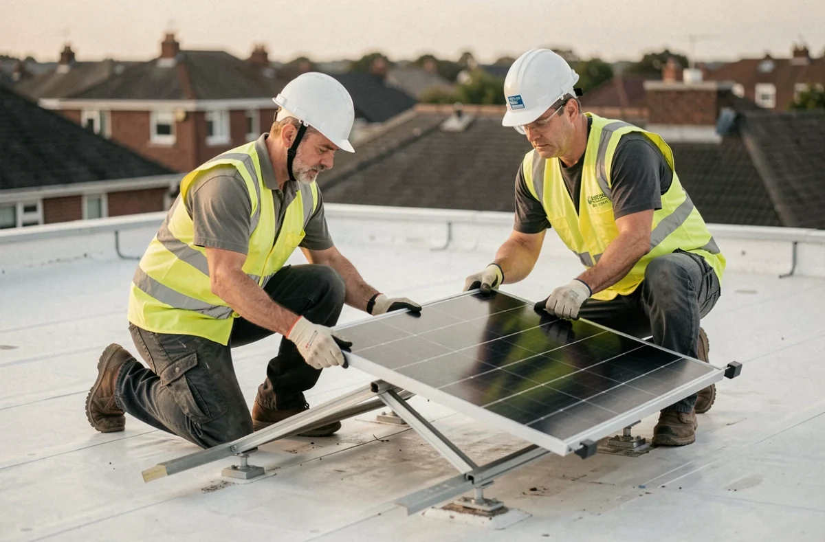 Techniciens posant des panneaux solaires sur un toit plat résidentiel