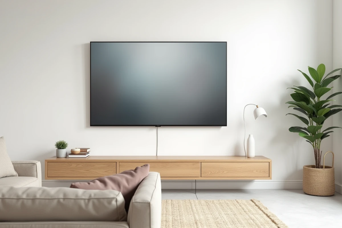 Télévision grand écran montée sur un mur en placo dans un salon de style scandinave sans câbles apparents