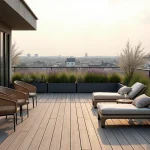 Terrasse rooftop moderne à Paris avec mobilier en rotin, plantes ornementales et vue panoramique sur les toits haussmanniens