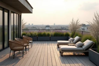 Terrasse rooftop moderne à Paris avec mobilier en rotin, plantes ornementales et vue panoramique sur les toits haussmanniens
