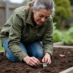 Femme testant le pH du sol dans son jardin potager avec un kit d'analyse maison
